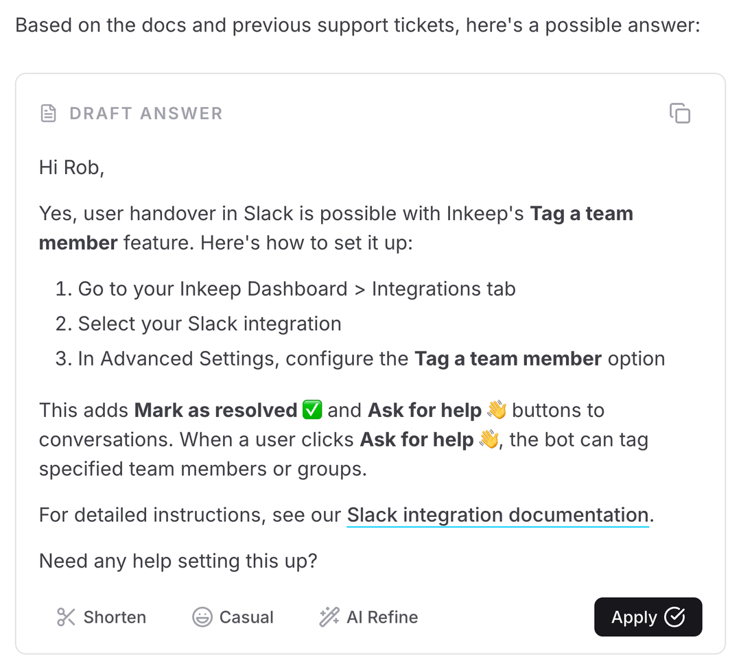 Support Copilot Draft Answer