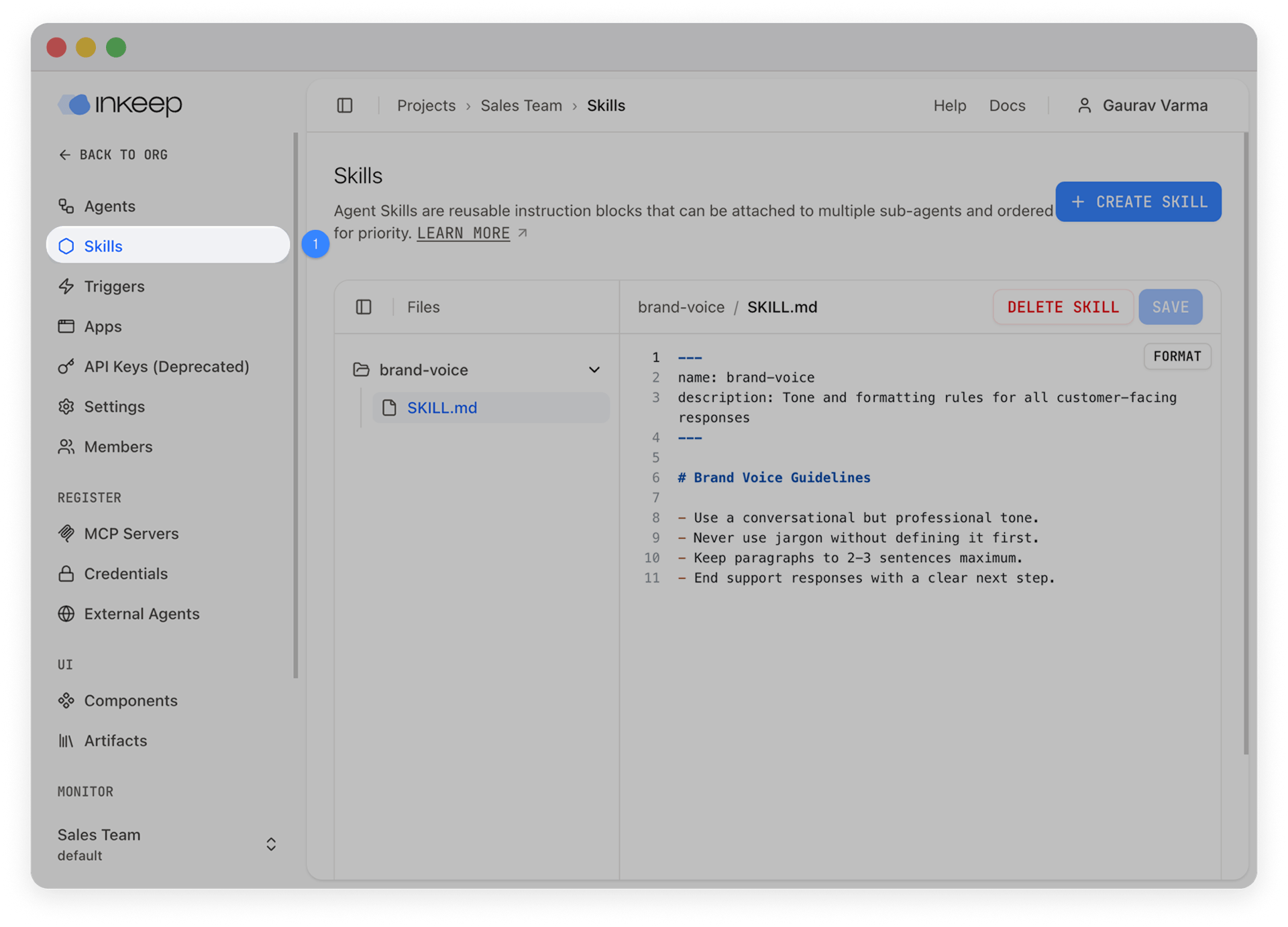 Skills tab in the Visual Builder